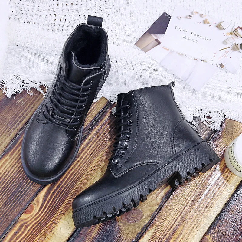 

Warm Plush Women Winter Boots Solid Black Leather Boots Female Ankle Boots For Women Lace Up Platform Street Style Casual Shoes
