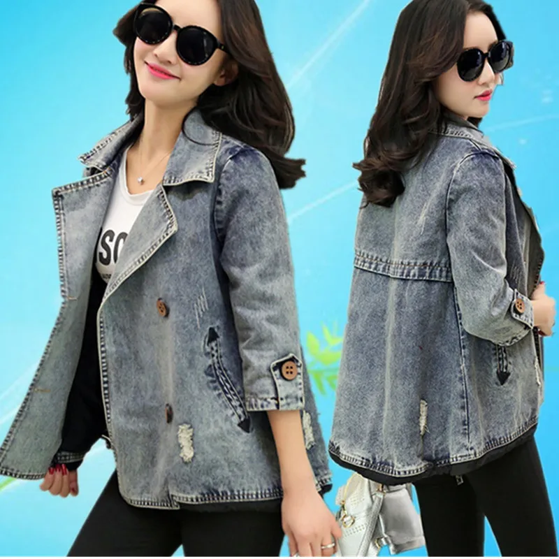 Женская короткая джинсовая куртка свободная осенне-Весенняя Базовая с рукавом 3/4