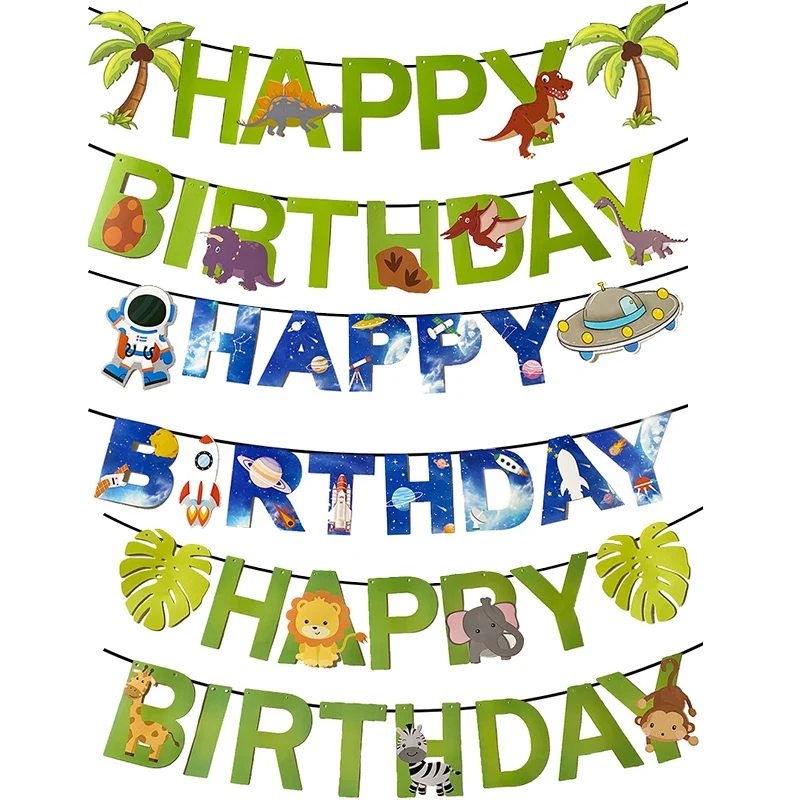 Баннер на день рождения с изображением единорога космоса машины джунглей