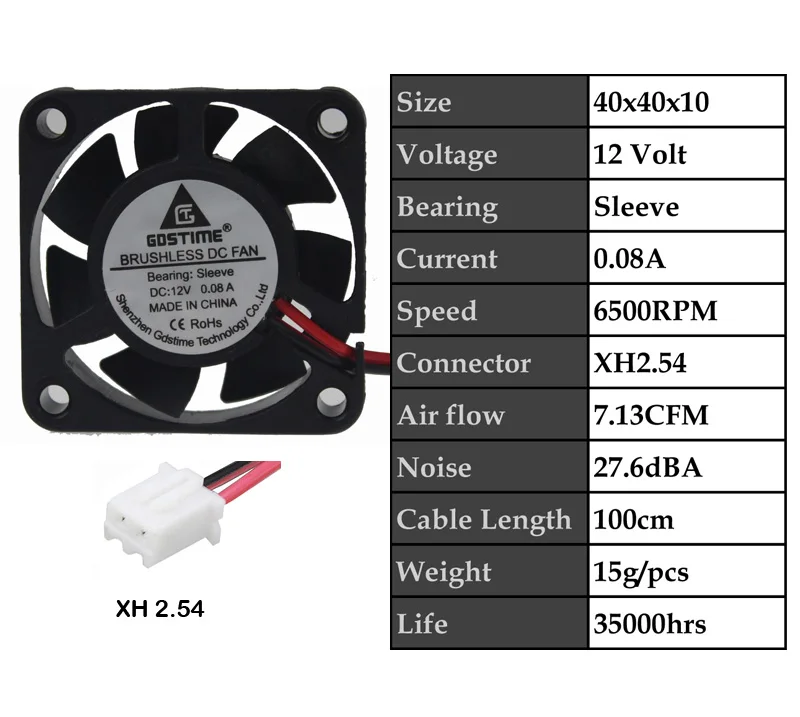 12Sleeve0.08A1mwire 2 шт. Gdstime DC 5 в 12 В 24 в 40 мм x 40 мм x 10 мм 40 мм шарикоподшипник рукав мини маленькое охлаждение 4 см вентилятор 3d принтер охлаждающий вентилятор - Цвет лезвия: 12Sleeve0.08A1mwire