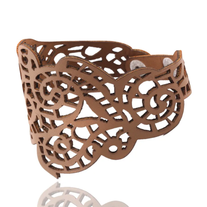 Женский кожаный браслет с полыми цветами Sangsy широкий геометрической формы