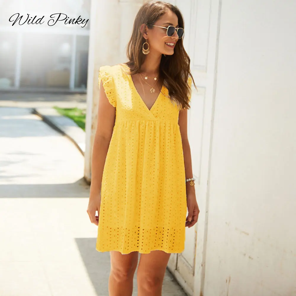 Женское кружевное мини платье с вышивкой летнее повседневное розовое Хлопковое