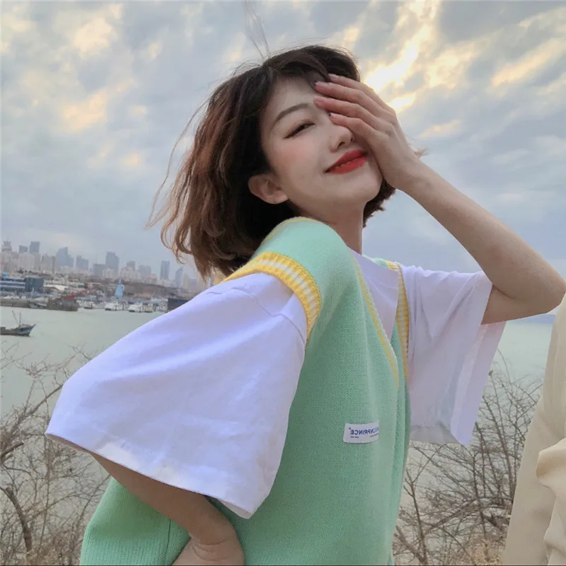 

Женский полосатый джемпер с V-образным вырезом, без рукавов