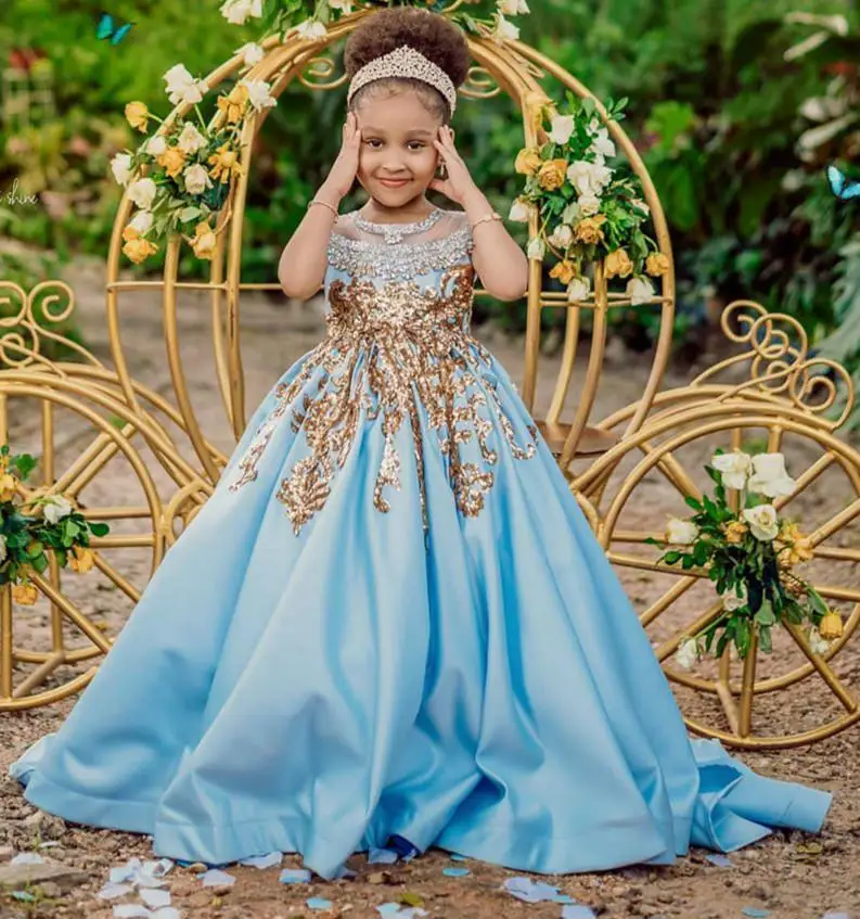 

Sky Blue Satin Long Pageant Dress for Kids with Silver Crystal Beaded Princess Children Wear Flower Girl Dresses for Birthday