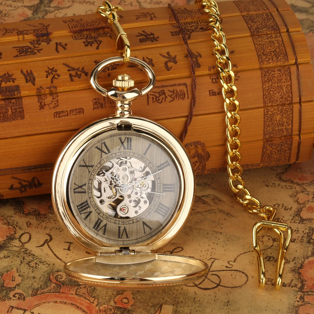 Vintage Automatic Mechanical Pocket Watch Open Face Roman Numerals Golden Pendant Chain Gifts for Men Women Reloj De Bolsillo