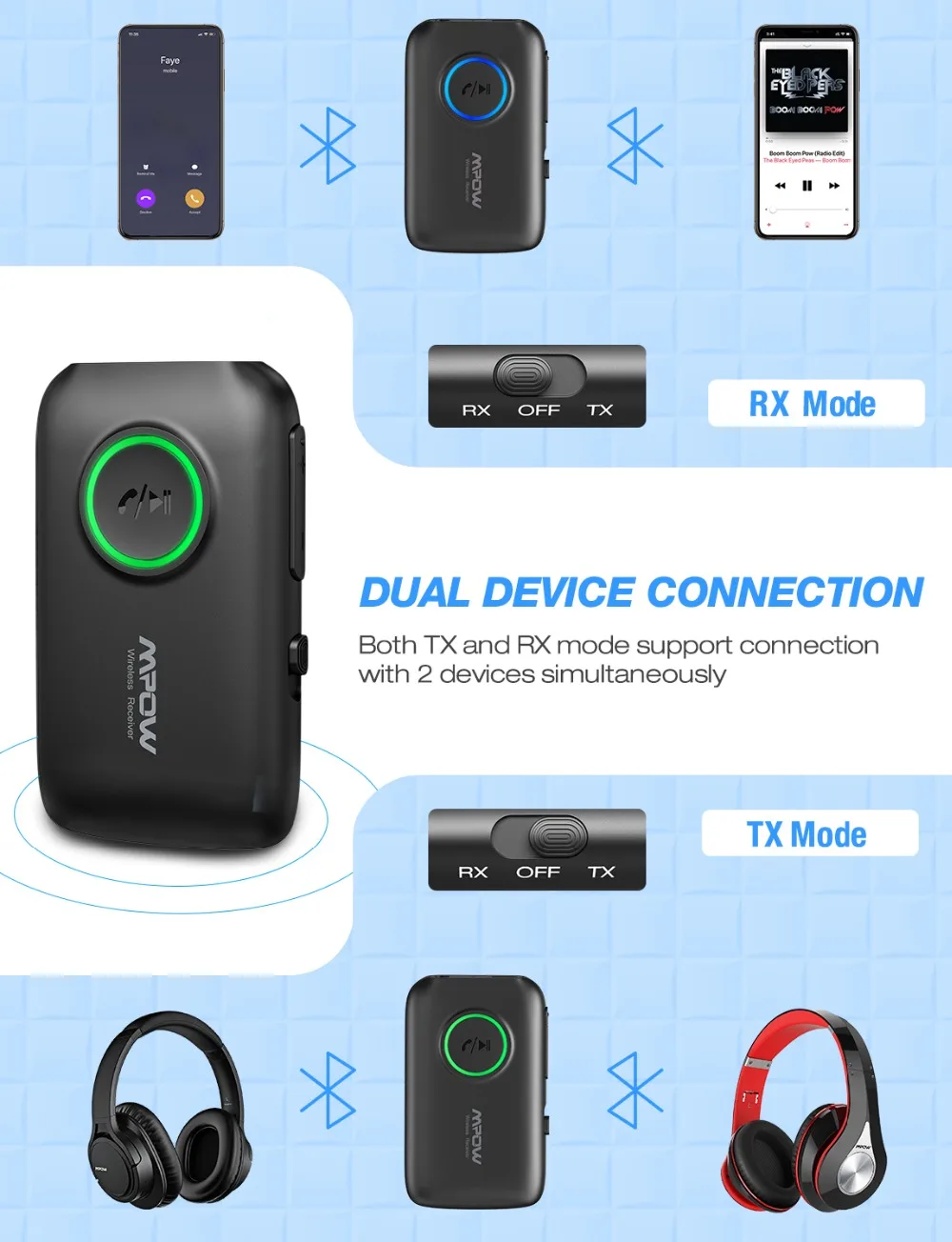 MPOW обновленная Bluetooth передатчик и приемник 2-в-1 Bluetooth 5,0 адаптер с aptX HD аудио SR8675 двойной Bluetooth ссылка для автомобиля/дома ТВ