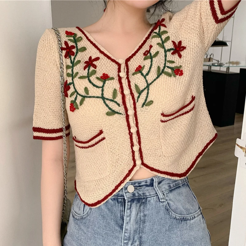 Женские вязаные футболки с цветочной вышивкой винтажные свободные рубашки