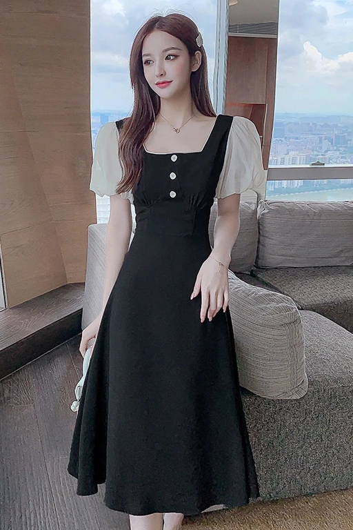 

COIGARSAM Women Korean Dress Fashion One Piece Summer 2021 New Vintage French Style Puff Sleeve Square Collar Black Dresses Robe