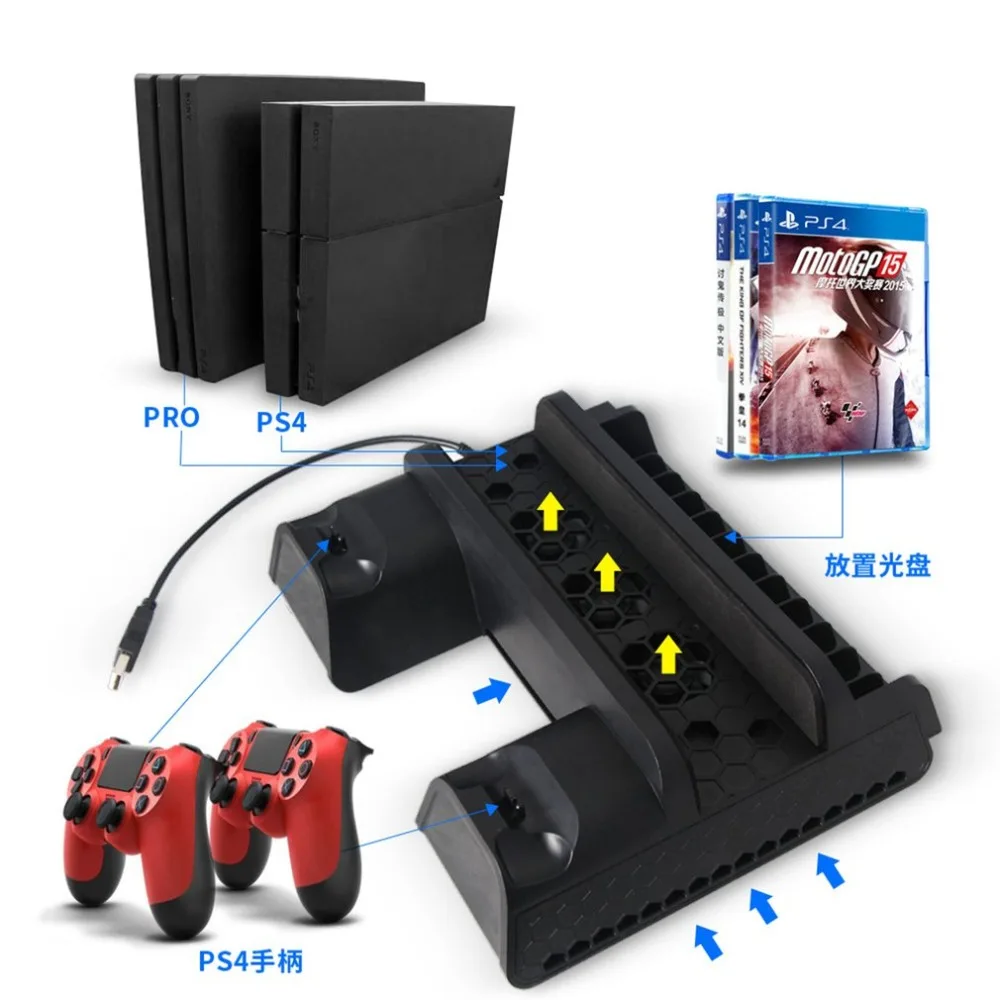 Для PS4/PS4 ТОНКАЯ вертикальная подставка с охлаждающим вентилятором двойной контроллер зарядное устройство зарядная станция для SONY Playstation 4 кулер