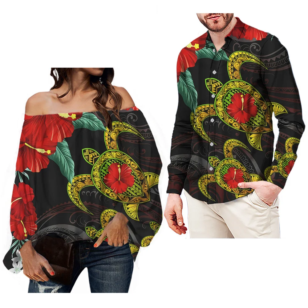 

Hawaii Turtle Tattoo Hibiscus Polynesian Print Vintage Party Women Blouse Sexy Off Shoulder Chiffon Shirt Elegant Office Blusas