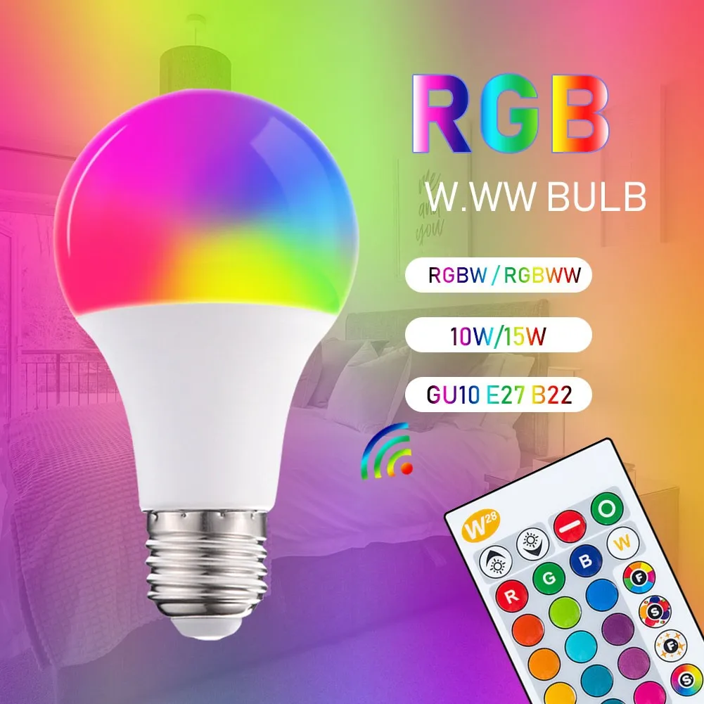 

Диммируемая светодиодная RGB-лампа GU10 E27 B22, 10/15 Вт, RGB + светодиодный прожектор теплого белого света, светодиодная лампа, освещение, лампа с дис...