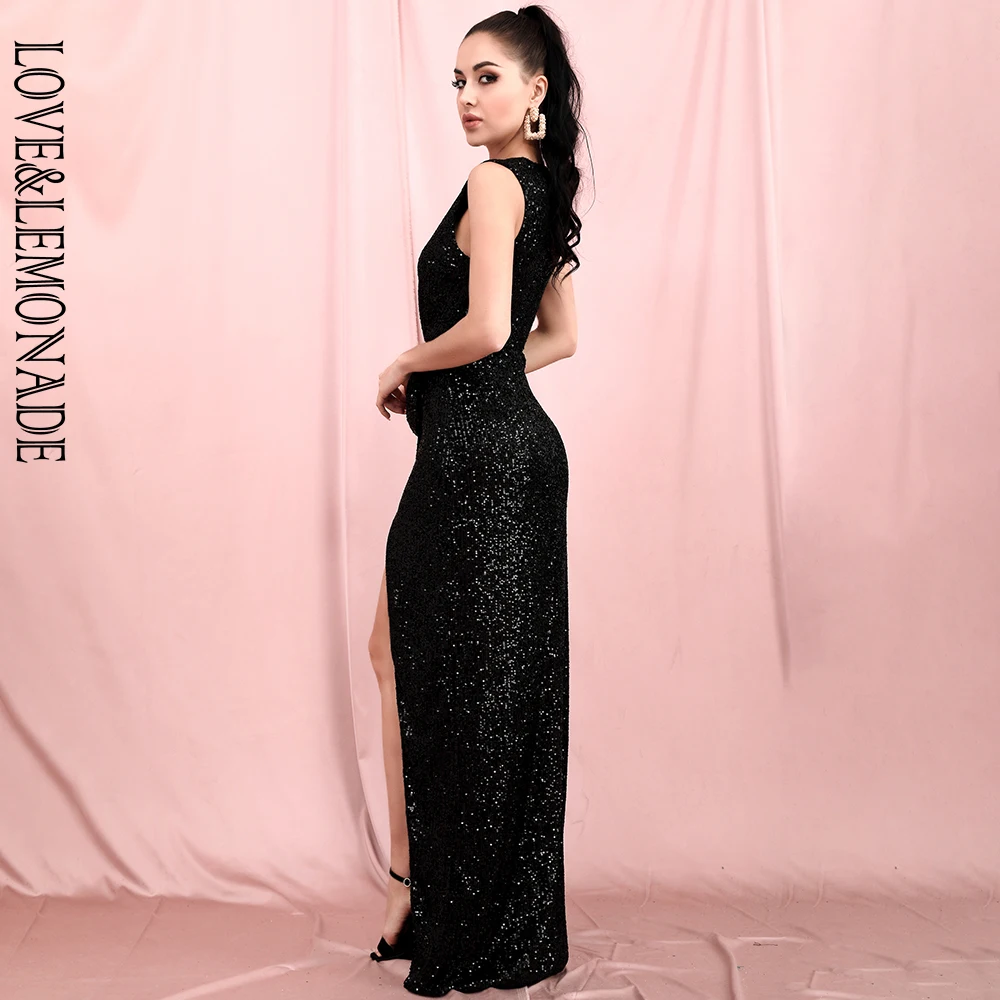 

LOVELEMONADE Sexy Black Deep V-Neck Draped Elastic Band Sequins Crossover Party Sleeveless Dress LM82188-1