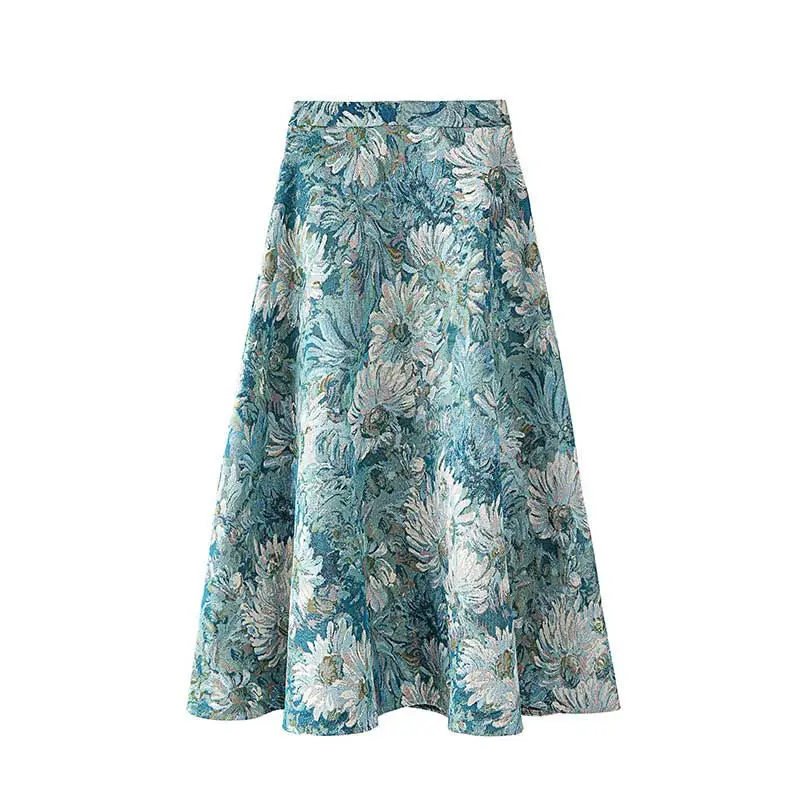 

Retro Style Oil Painting Skirt Flower Big Swing Umbrella Skirt Korean Version 2021 High Waist Slimming Plus Size Women Skirt