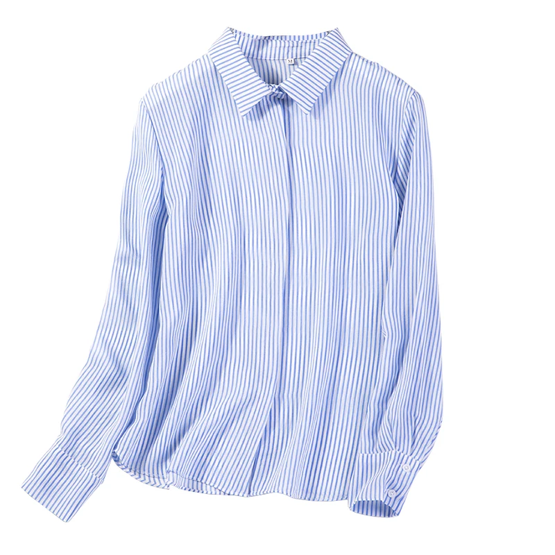 100% натуральный шелк блузки полосатый принт длинный рукав шифон Блузка Топы для
