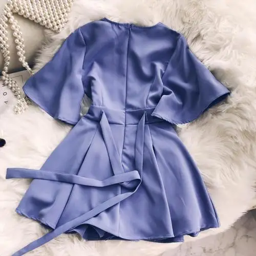 light blue Новинка, женское летнее платье, повседневное, новое, шикарное, чистый цвет, темперамент, v-образный вырез, рукав-рожок, с высокой талией, платье, брюки для женщин - Цвет: light blue