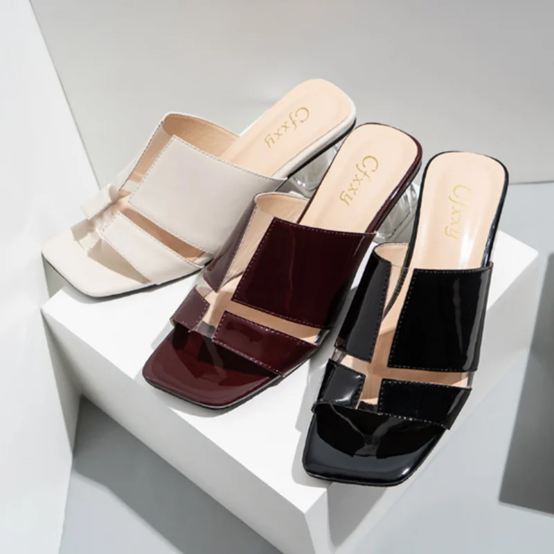 

Transparent Low-heel Women's Flip-flops 2021 Summer New European And American Fashion Square Head Footwear Mirror Thick Heels