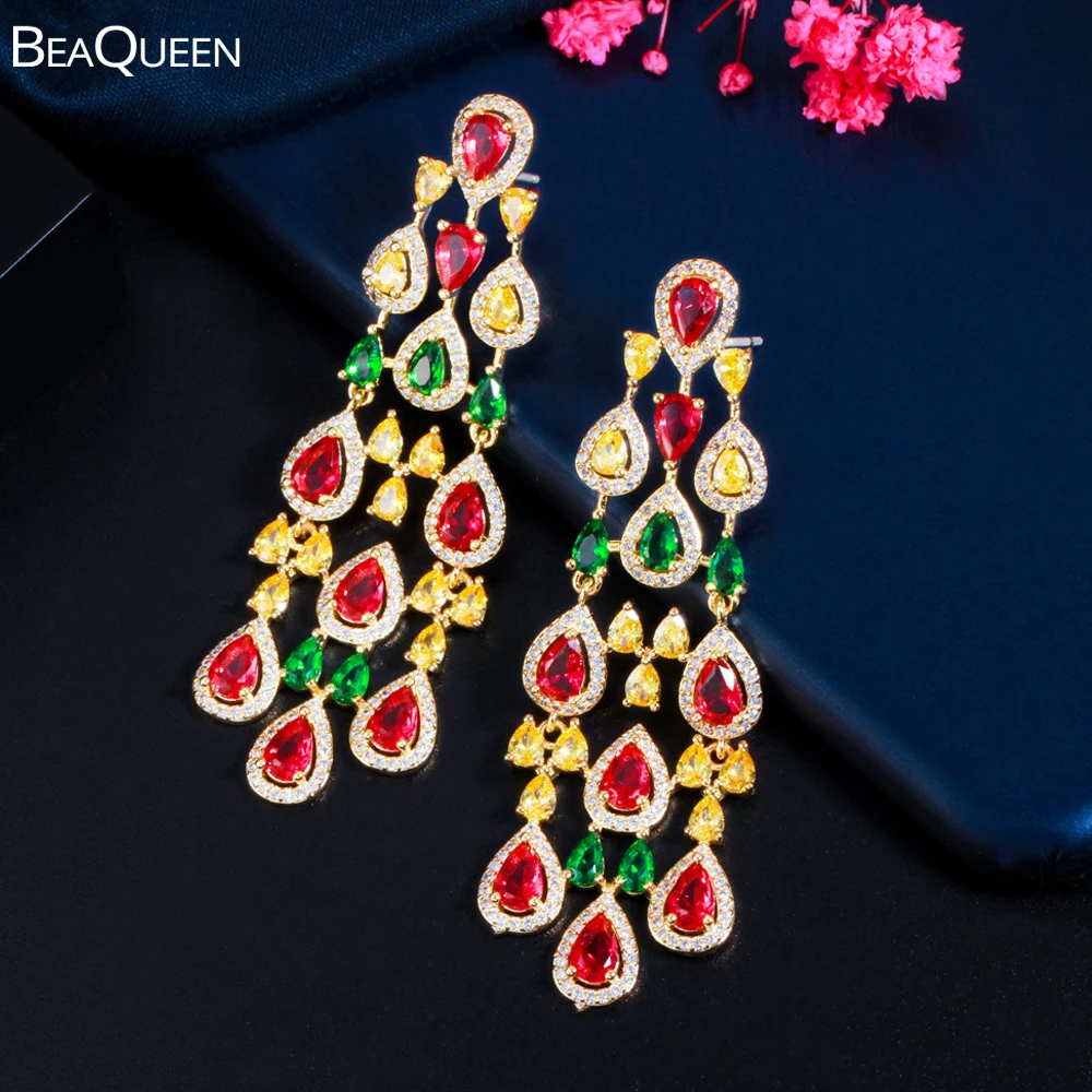 

BeaQueen Big Bling Multicolor Chandelier Tassel Drop Long Dangle Earrings for Women Cubic Zirconia Bridal Wedding Jewelry E427