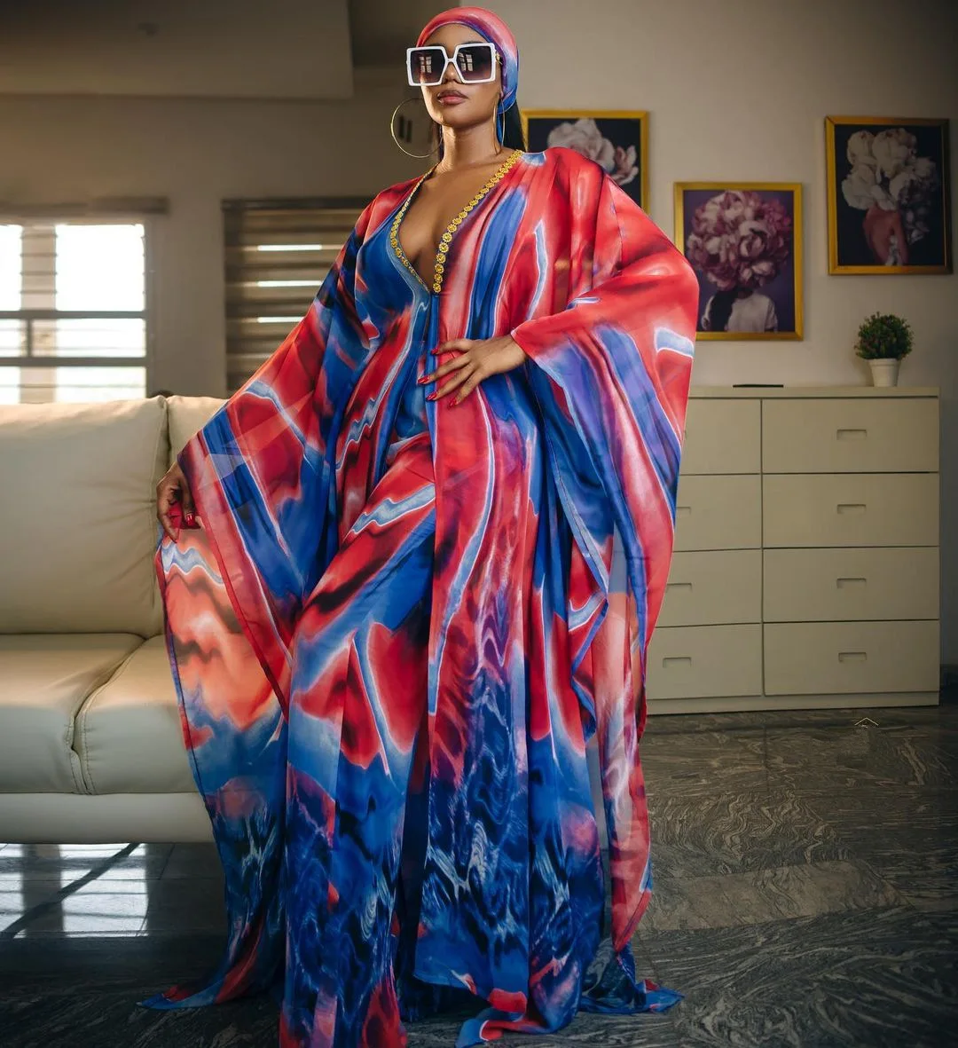 Women's Fashion Classic Design African Clothes Dashiki Print Leopard Chiffon Fabric Long Dress + Trousers Two Piece Set