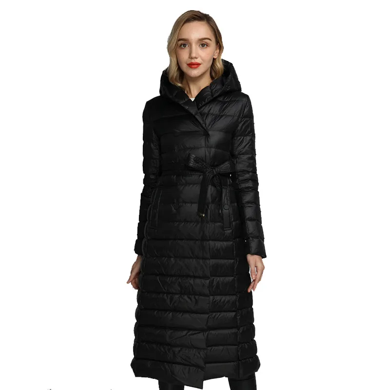Женский длинный пуховик с поясом ультратонкая куртка капюшоном армейский