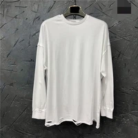 mens long sleeve t shirt autumn new solid color round collar loose casual hole design high street fashion white interior