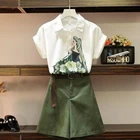 Женский спортивный костюм из 2 предметов, шифоновая блузка с принтом для девушек, рубашка и шорты с поясом, D01, лето 2021