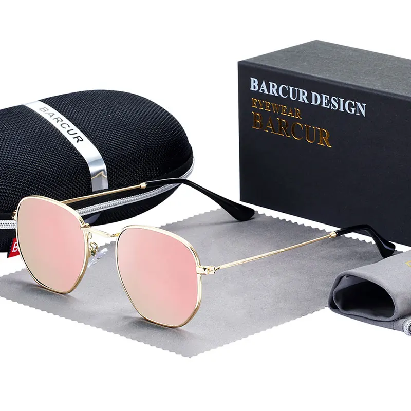 Gold Pink BARCUR Классические отражающие солнцезащитные очки мужские Нержавеющая сталь оправа очки Солнцезащитные очки женские Oculos De Sol - Цвет линз: Gold Pink