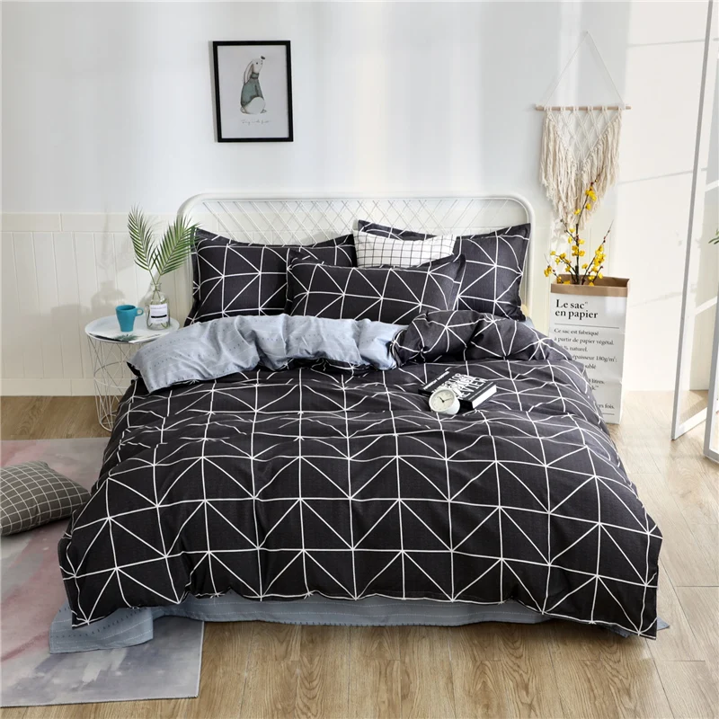 

CHICIEVE King Queen Size Bedding Set White Color Black Plaid Microfiber Reactive Printed Duvet College Comforter High Quilty