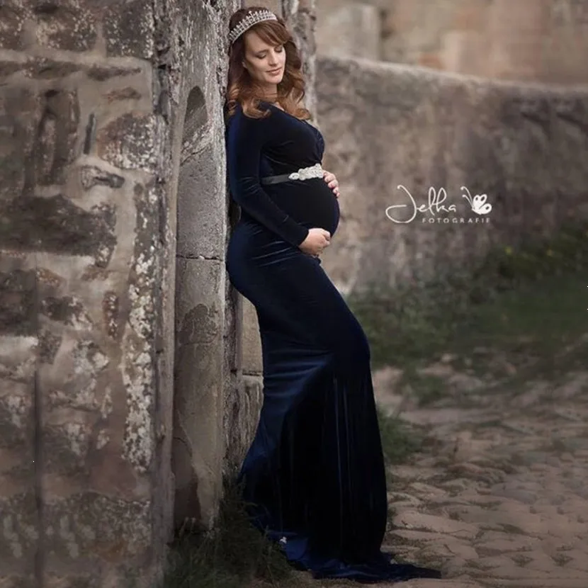 High Quality Gold velvet Fashion Maternity Tailing Casual Dress Winter Long Pregnancy Pregnant Women Photography Props Clothing | Мать и