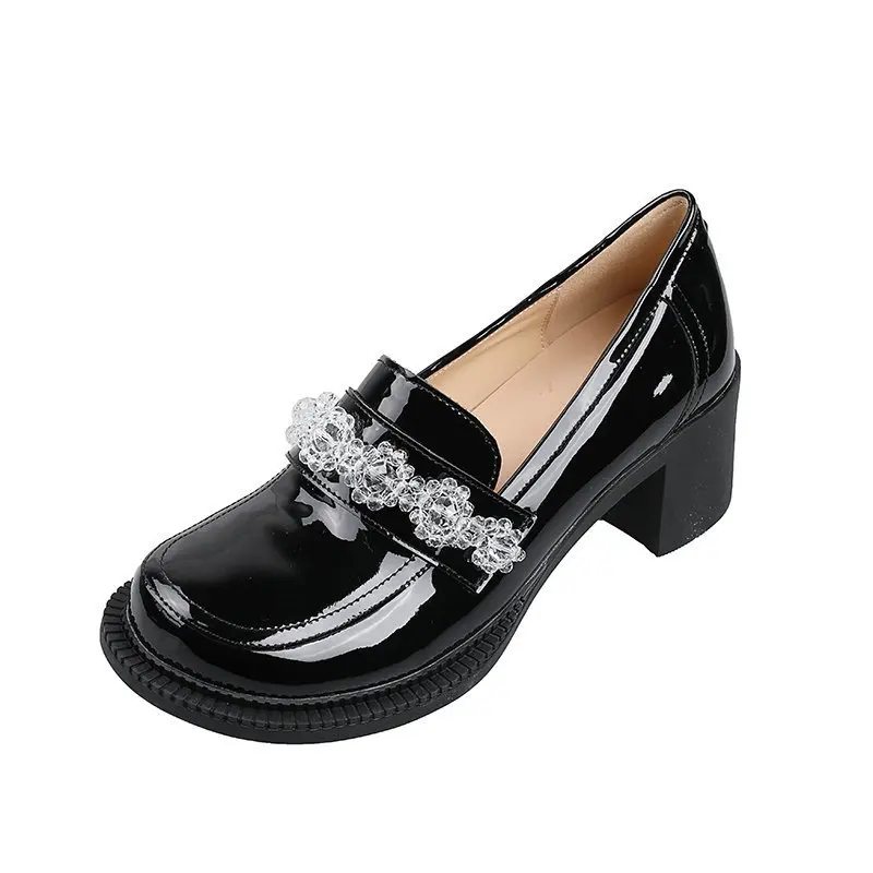 

Round Toe 2021 High Heel Leather Shoes Slip On Shallow Mouth Sandals Ladies Lace-Up Branded Pumps Mary Jane Latest Beige Slip-On