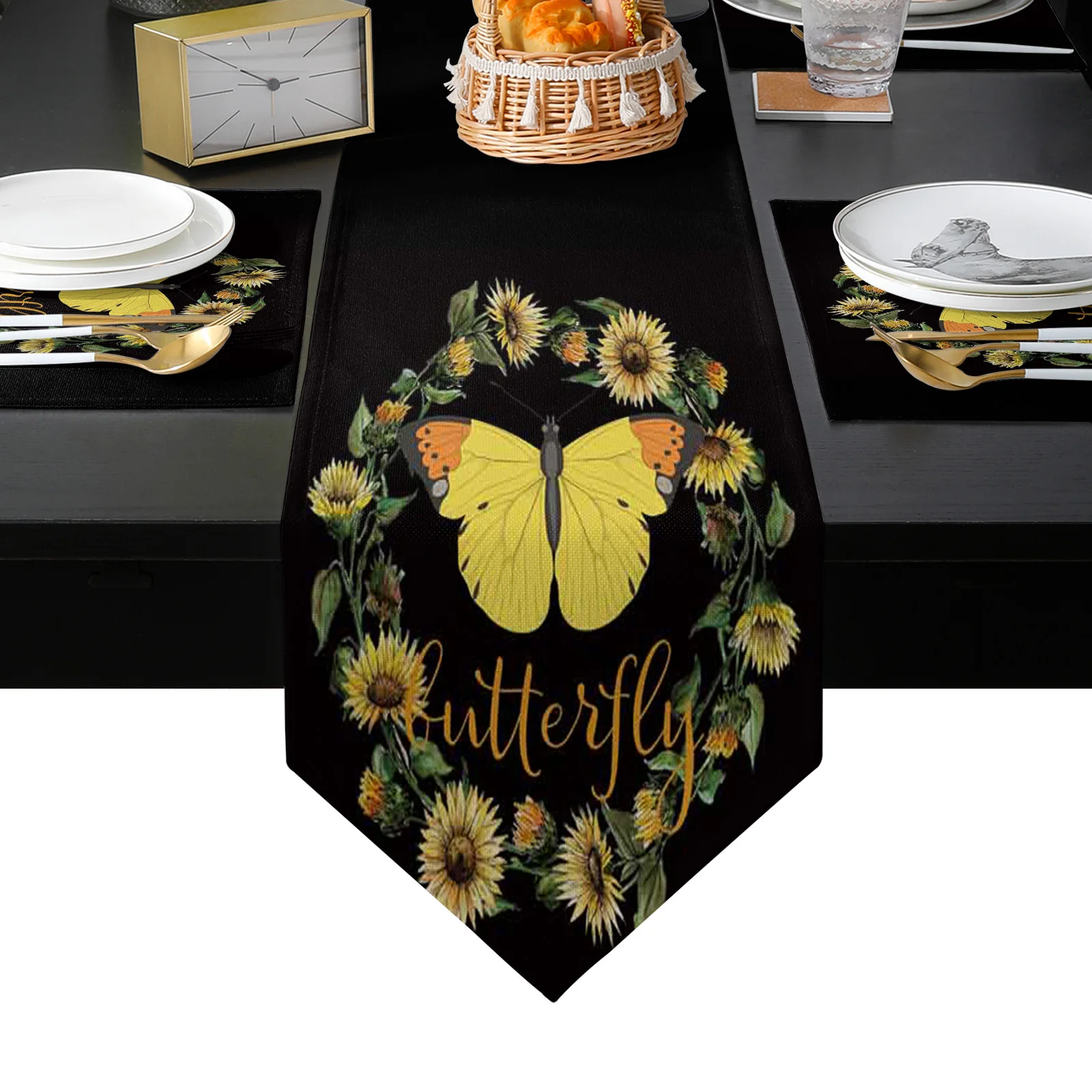 Бабочка венок из подсолнухов черный стол бегун и набор столовых ковриков
