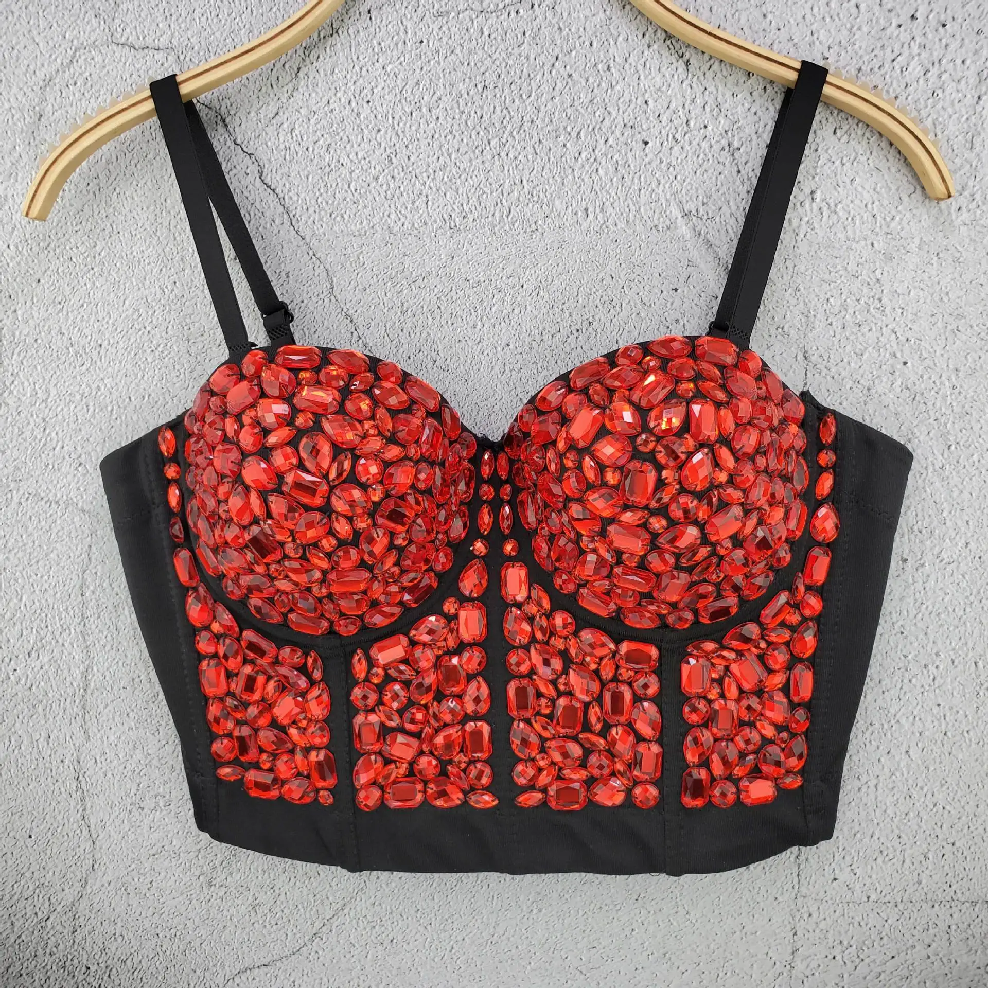 

Corset with Rhinestones Women Bustier Corset Top Red Sleeveless Sexy Rave Outfit Festival Clothing 2021