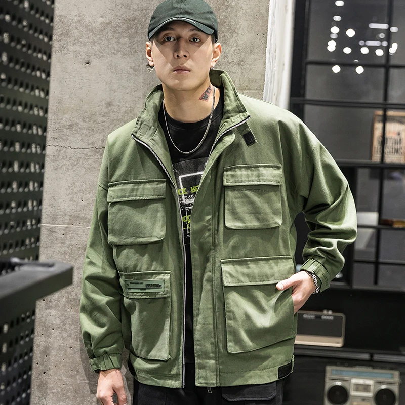 

Мужская осенне-зимняя куртка, ветровка с капюшоном, модная уличная одежда, карго с несколькими карманами, повседневная однотонная куртка, н...