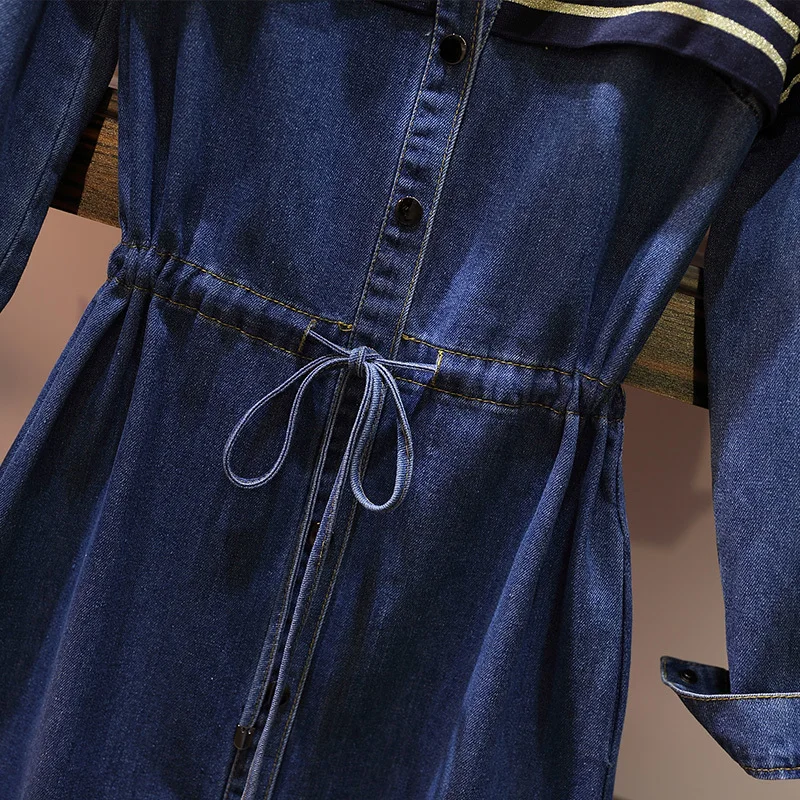 Джинсовая куртка для женщин размера плюс, ветровка, Осень-зима, свободное женское платье средней длины, повседневное однобортное женское платье, 5XL