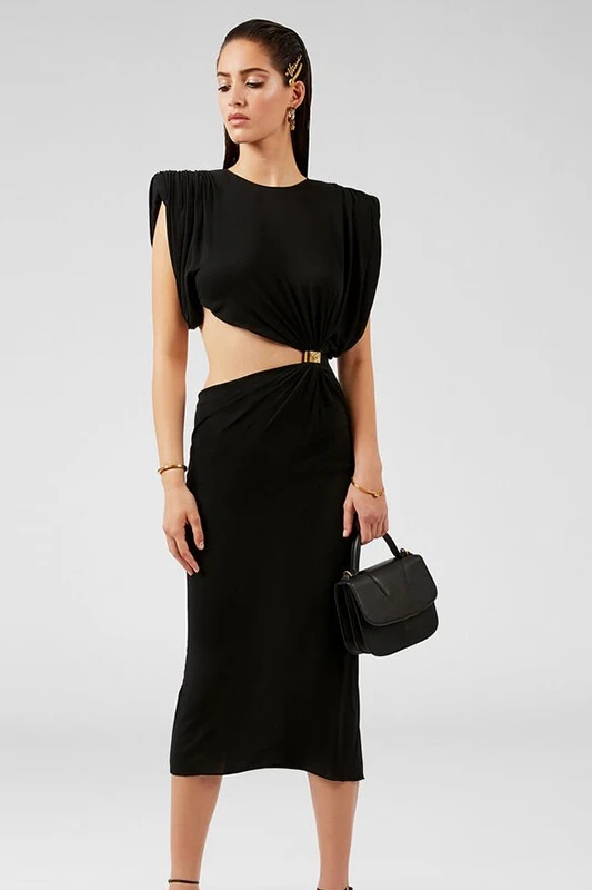 

Evening Dress Pleated Open Waist Irregular Slim Mid Length Mini Black Dress