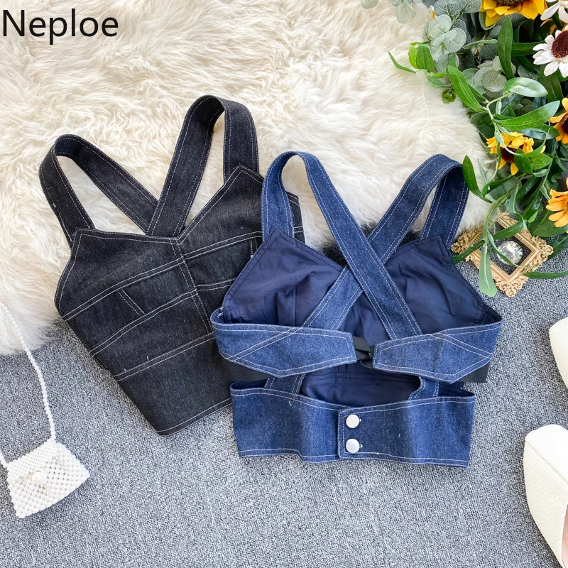Neploe Корейская джинсовая майка в стиле ретро женская модная пикантная короткая с