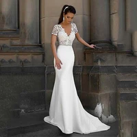 short sleeves satin mermaid wedding dresses 2022 see through illusion v neck white bridal gowns with lace appliques