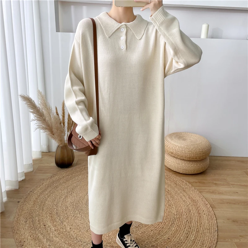 

Plus Size Knited Dress Woman Fall Winter 2021 Fashion Polo Collar Long Sweater Dresses Vintage Loose Black Vestido De Mujer New