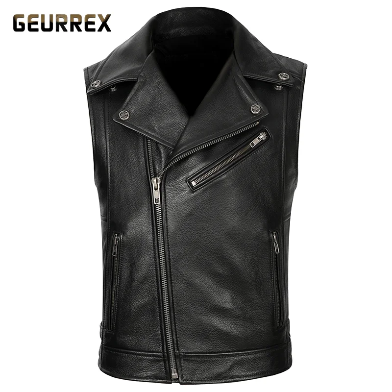 

GEURREX 2021 Black Spring Vintage Leather Motorcycle Vest Mens Slim Fit Real Cow Genuine Leather Waistcoat Bikers Vests Outwear