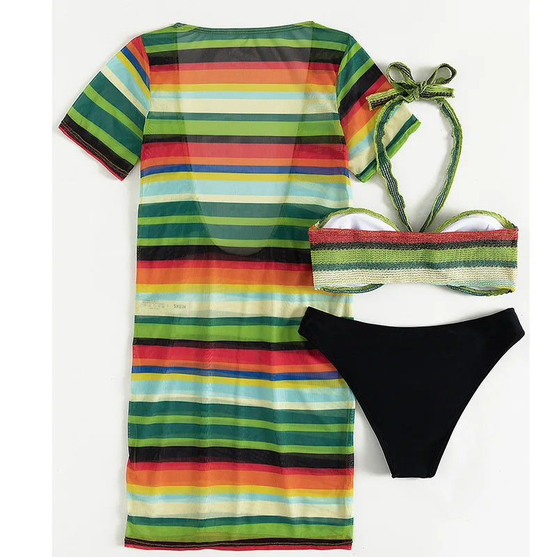 Комплект бикини в радужную полоску женское платье с коротким рукавом купальник