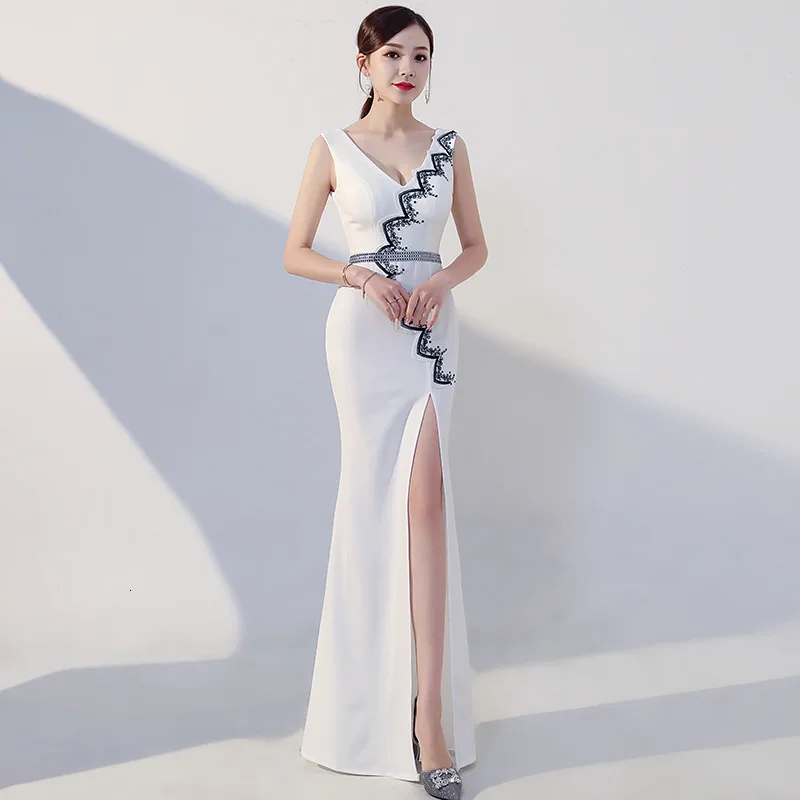 

Белые пикантные высокие Разделение Qi Pao для женщин в китайском стиле вечернее платье Qipao продвижение восточные Стиль Модные женские облегающие ногу высокие Cheongsam вечерние платья