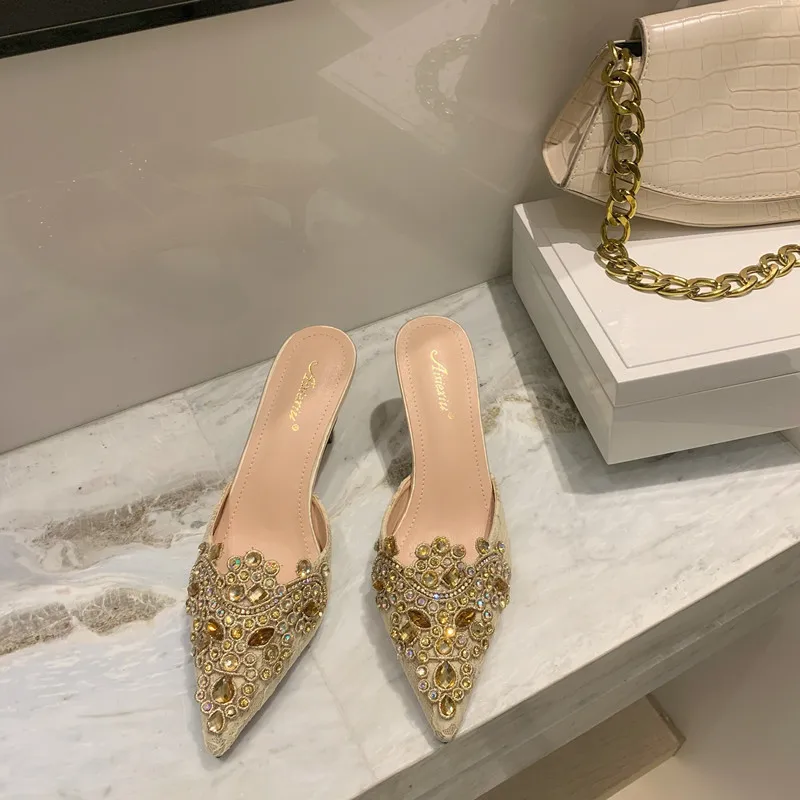 

Glitter Slides Loafers Low High-Heeled Shoes Lady Lace Ladies' Slippers Cover Toe Flock Slipers Women Jelly Summer 2021 Thin Swe