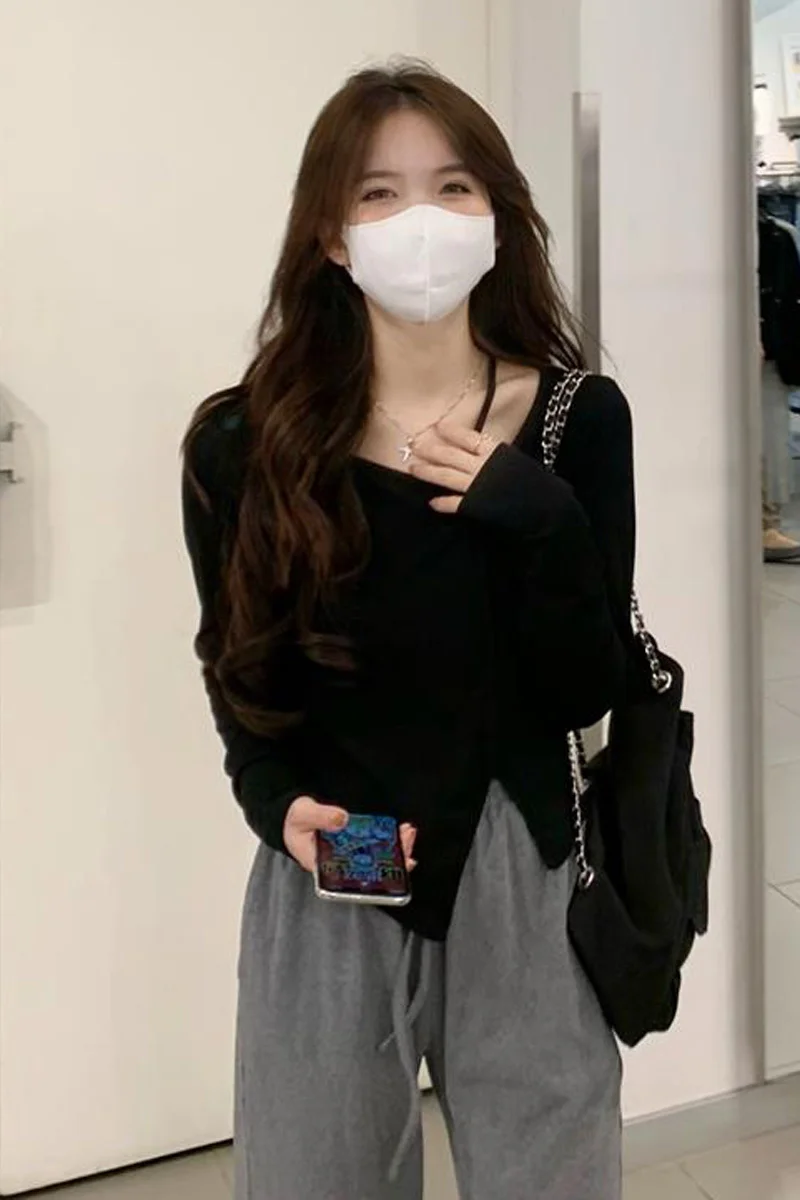 Осень-зима 2021 короткая облегающая футболка с длинным рукавом | Женская одежда