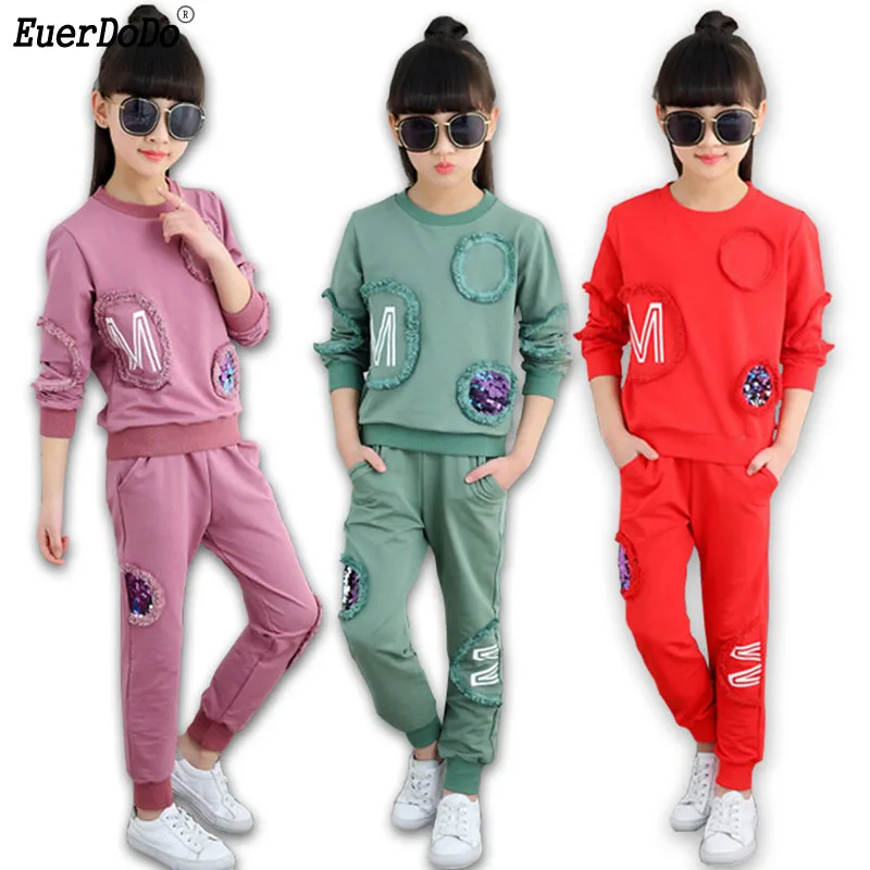 

Girls Sequins Clothing Set Autumn T-shirt + Pants 2pcs/set For Children Girl Sport Suit Kids Tracksuit Teenage School Uniform
