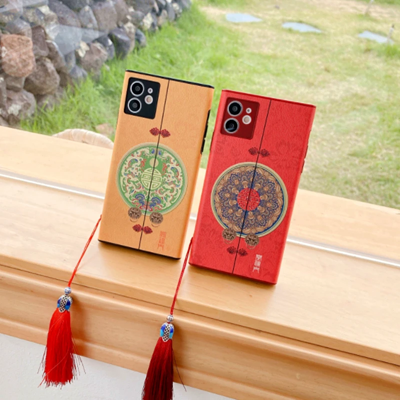 

Fashion Retro Chinese Style Square Phone Case For iphone 12Pro MAX 11 XS Max XR X 7 8 Plus Chinese Dragon Lucky Totem Soft Cover