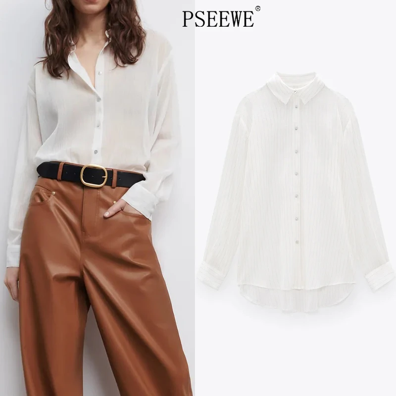 Женская Полупрозрачная блузка PSEEWE Za длинная белая рубашка в полоску с