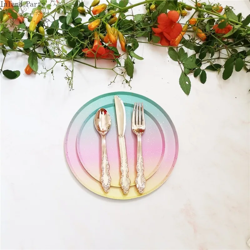 

Birthday party Disposable tableware set disposable paper plate straw cup rainbow for wedding birthday decoration party supplies