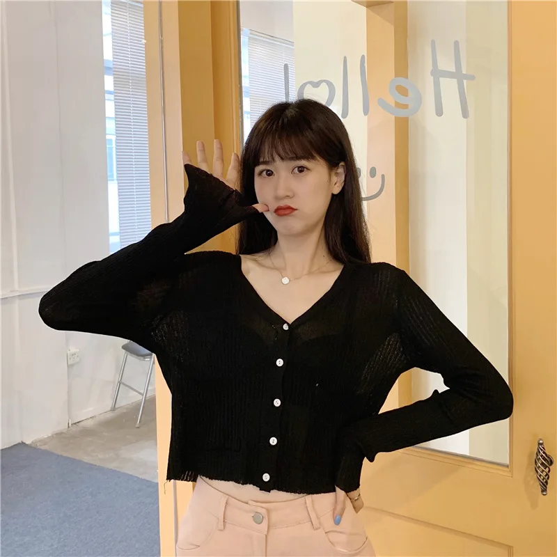 

Женский укороченный вязаный кардиган, зимние свитера на пуговицах в стиле Харадзюку, однотонные короткие вязаные кардиганы с V-образным выр...