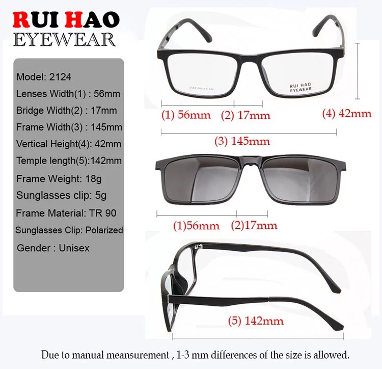 Retro Eyeglasses Frame Men Grey Polarized Clip on Sunglasses Super Light Glasses Men Rui Hao Eyewear Optical Frame 2124