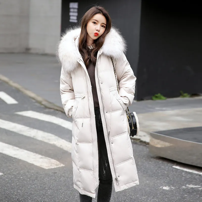 

WEIHAOBANG 2021 Winter New Women Solid Color Hooded Real Fur Collar Zipper Pocket Long White Duck Down Long Sleeve Down Jacket