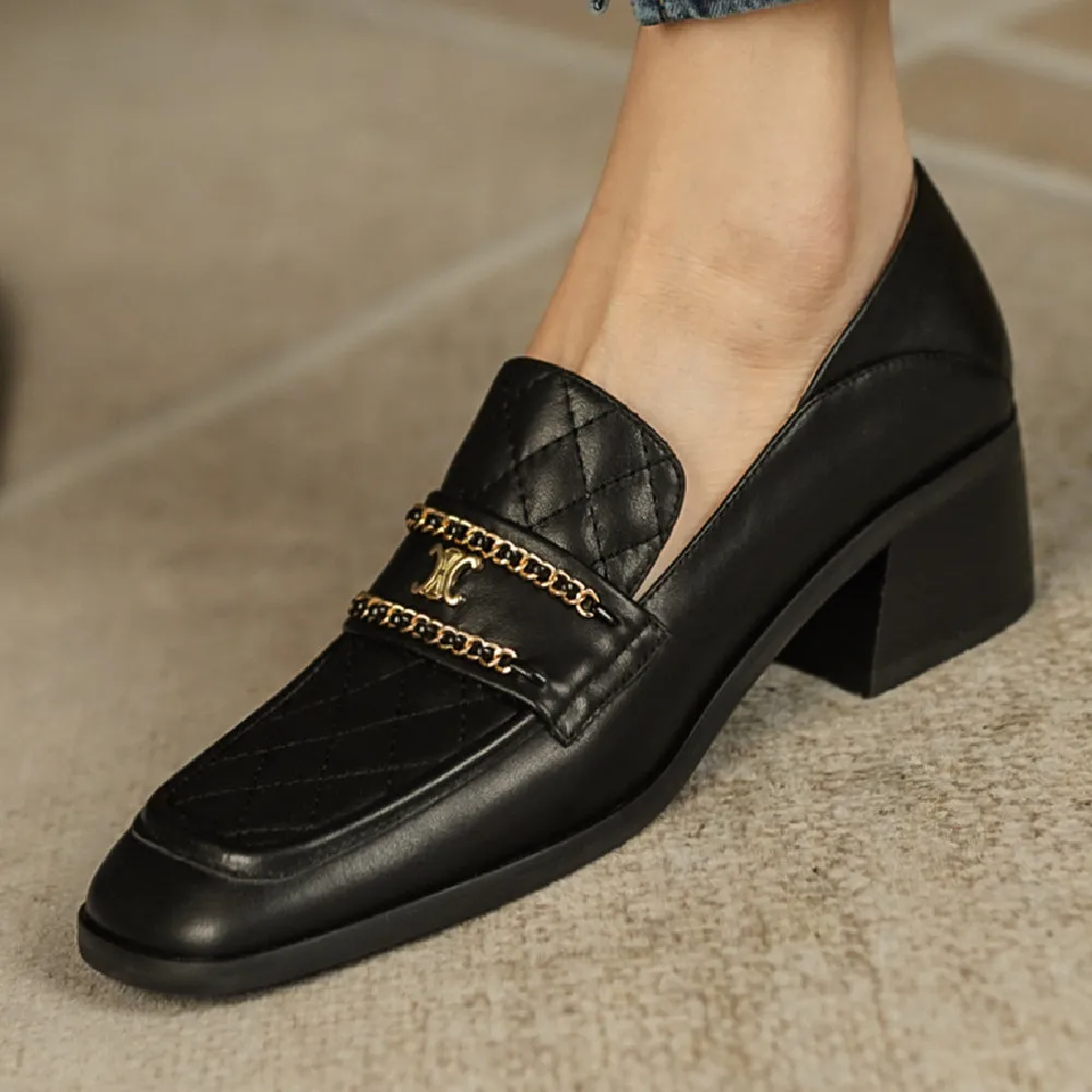

Women's genuine leather 4cm thick med heel square toe slip-on pumps OL style elegant ladies chain decoration casual daily shoes